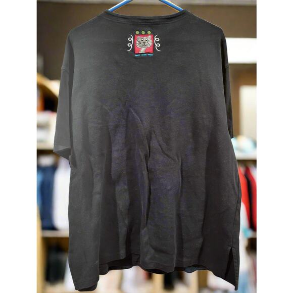 Vintage 80s Bechamel Patchwork Cat Lady XL Womens Black Cotton T-Shirt - Picture 4 of 5